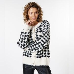 Esqualo Netherlands Eyelash Textured Pearl Buttoned Houndstooth Cardigan Large
